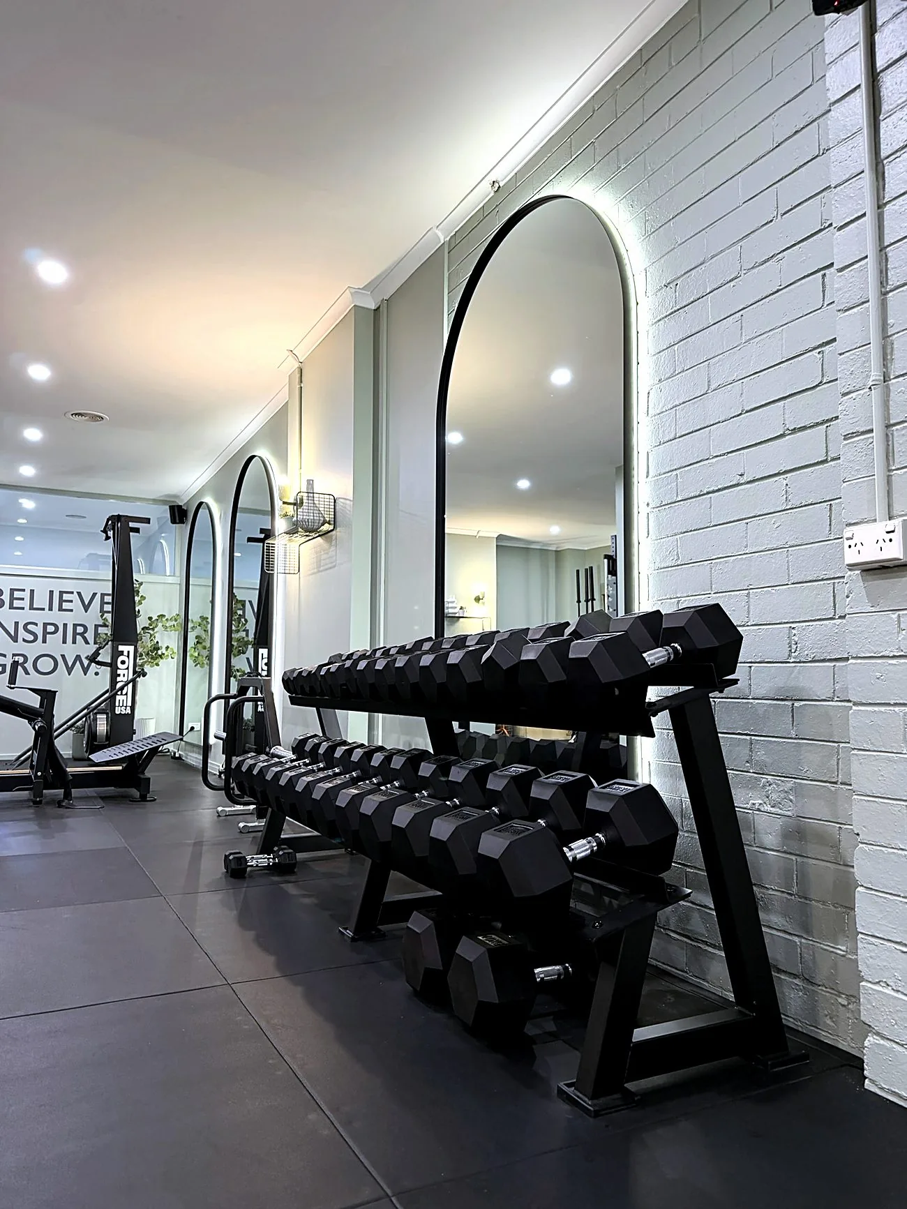 Arched mirrors and the dumbbell rack along the brick wall of the Synergy studio in McKinnon